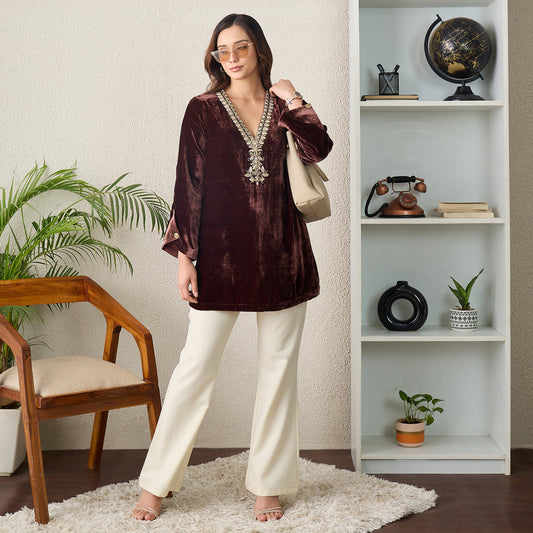 Brown Golden Yoke Hand Embroidered Velvet Kurta