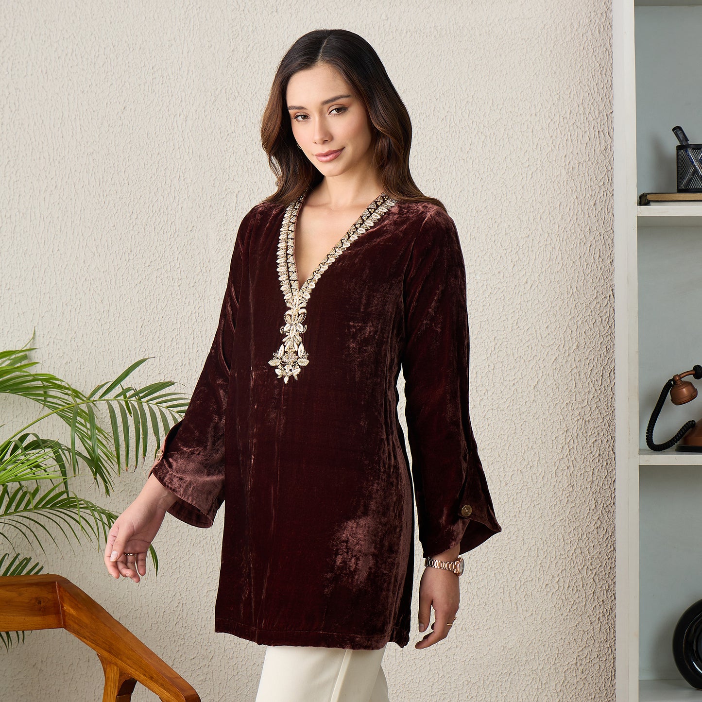Brown Golden Yoke Hand Embroidered Velvet Kurta