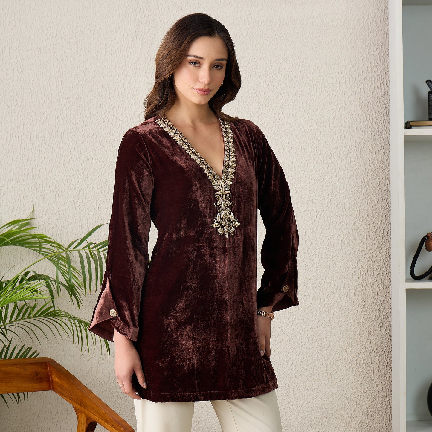 Brown Golden Yoke Hand Embroidered Velvet Kurta