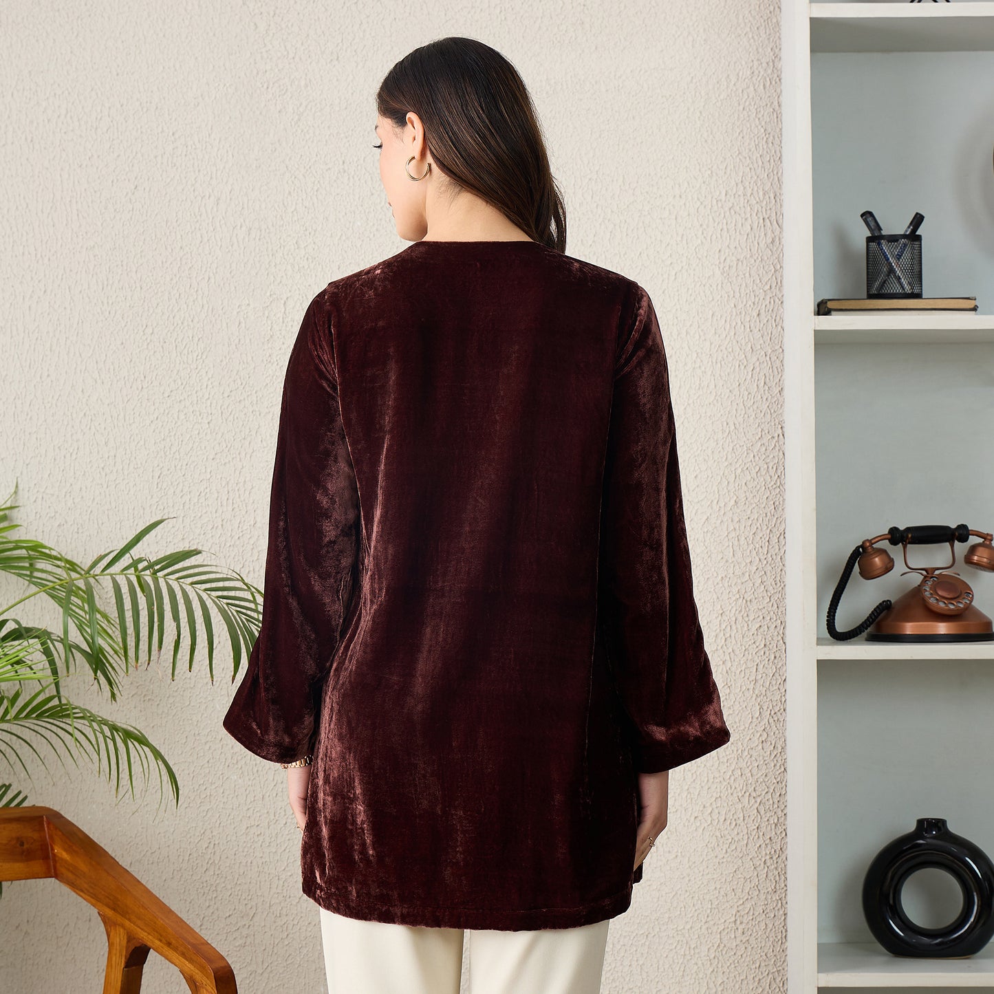 Brown Golden Yoke Hand Embroidered Velvet Kurta