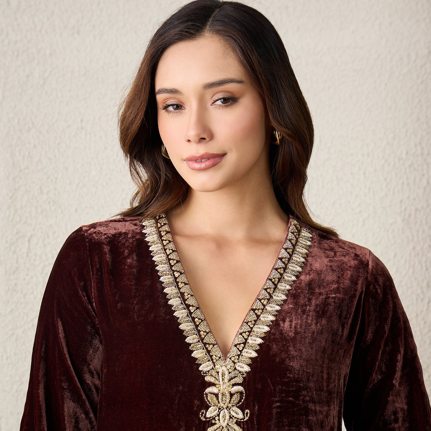 Brown Golden Yoke Hand Embroidered Velvet Kurta