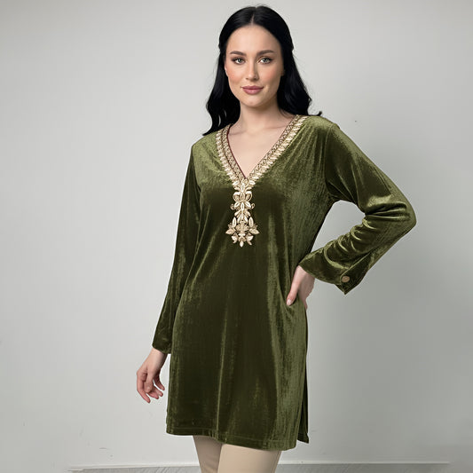 Olive Green Golden Yoke Hand Embroidered Velvet Kurta
