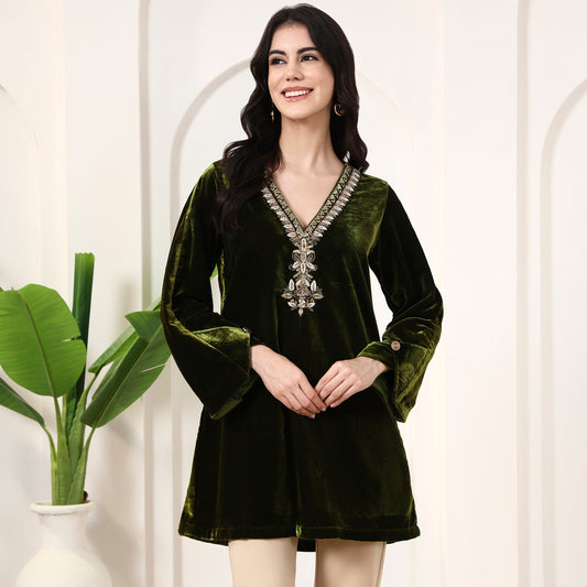 Olive Green Kurta for Women – Micro Velvet | First Resort by Ramola Bachchan