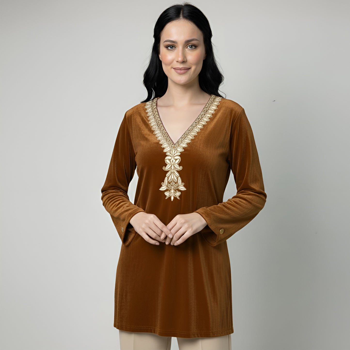 Yellow Ochre Golden Yoke Hand Embroidered Velvet Kurta