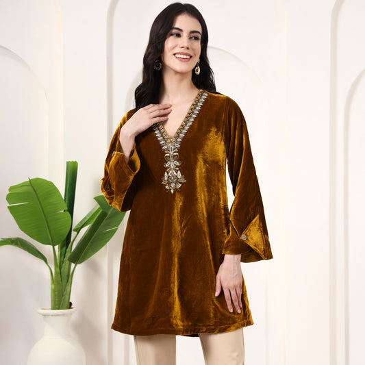 Yellow Ochre Kurta for Women – Micro Velvet | First Resort by Ramola Bachchan