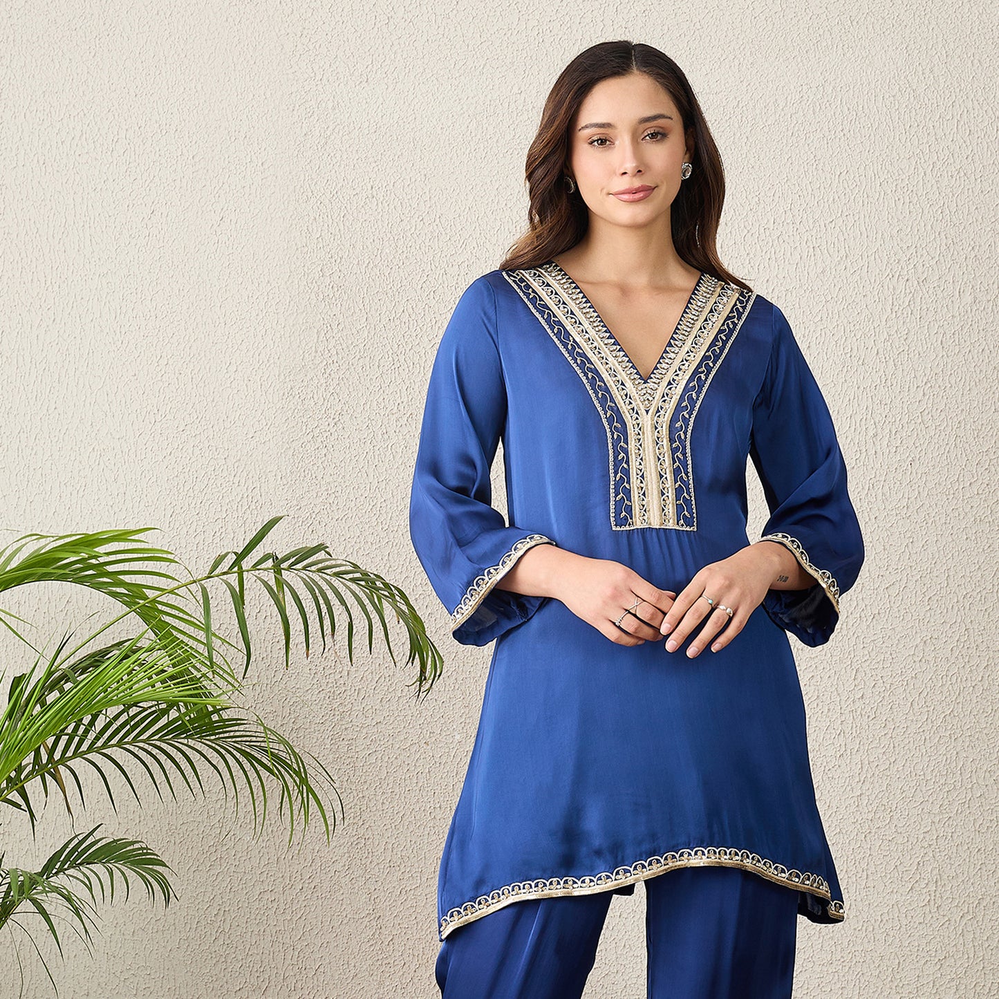 Navy Blue Hand Embroidered Satin Kurta