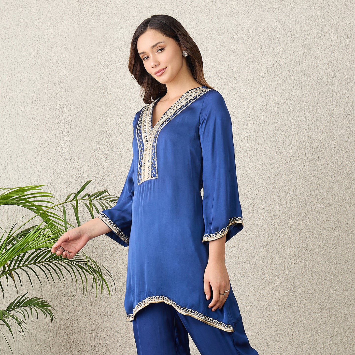Navy Blue Hand Embroidered Satin Kurta