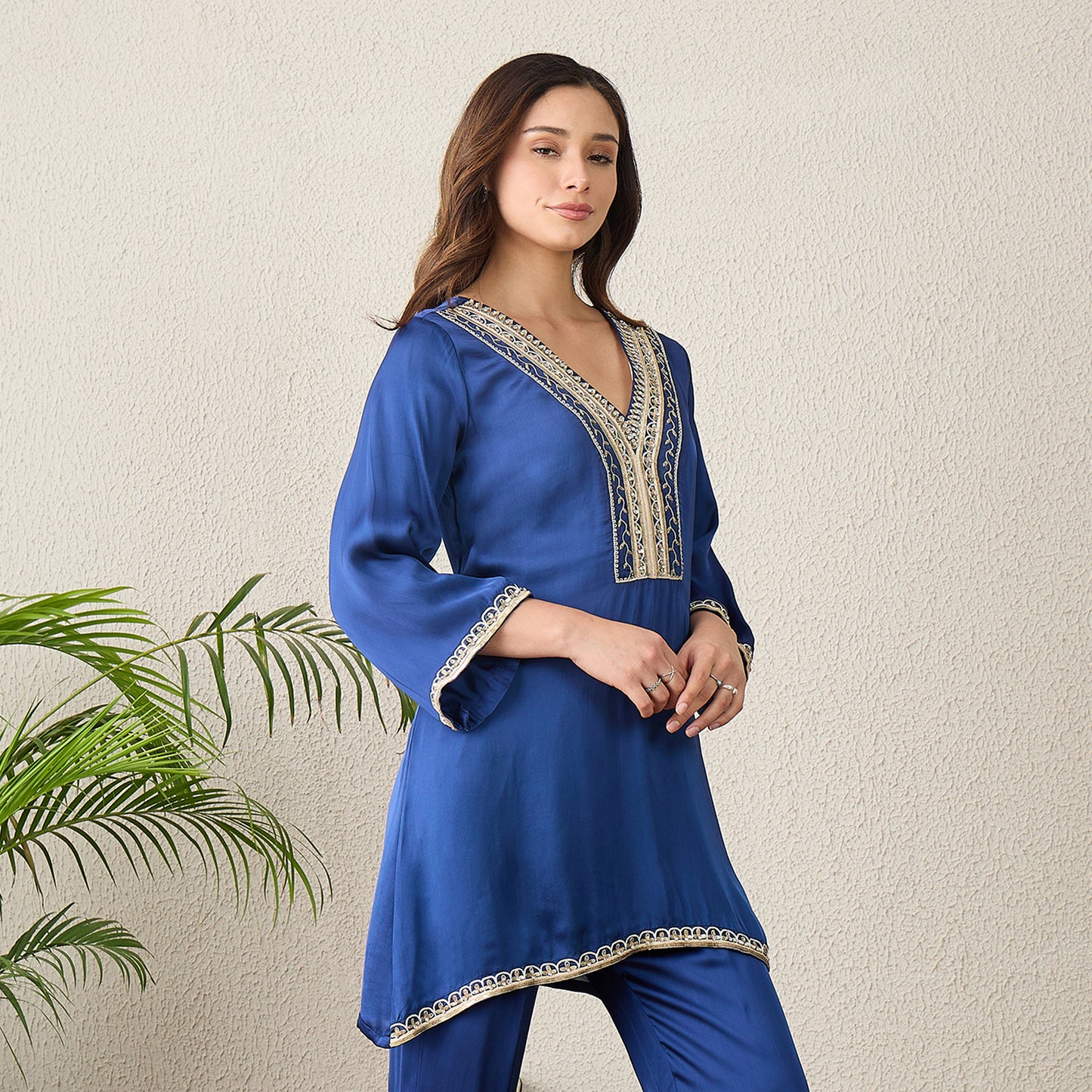 Navy Blue Hand Embroidered Satin Kurta
