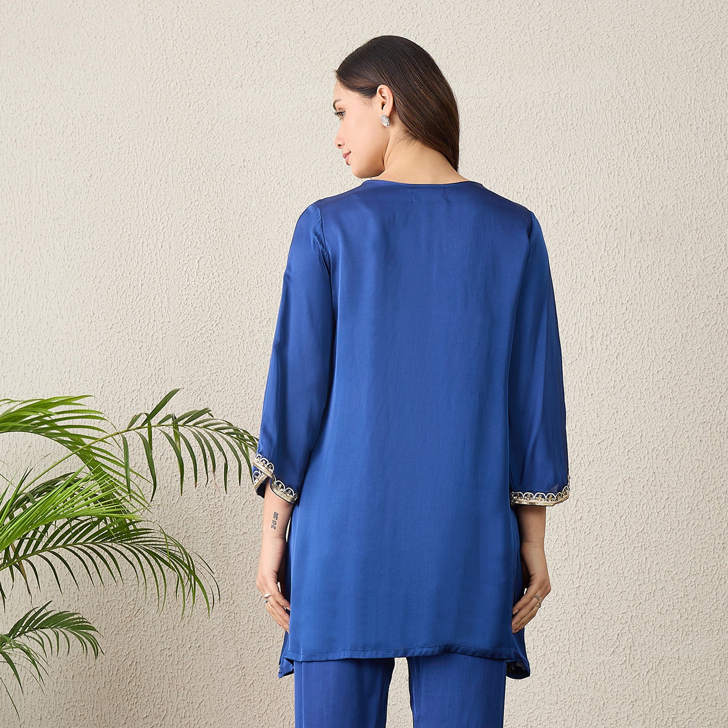 Navy Blue Hand Embroidered Satin Kurta