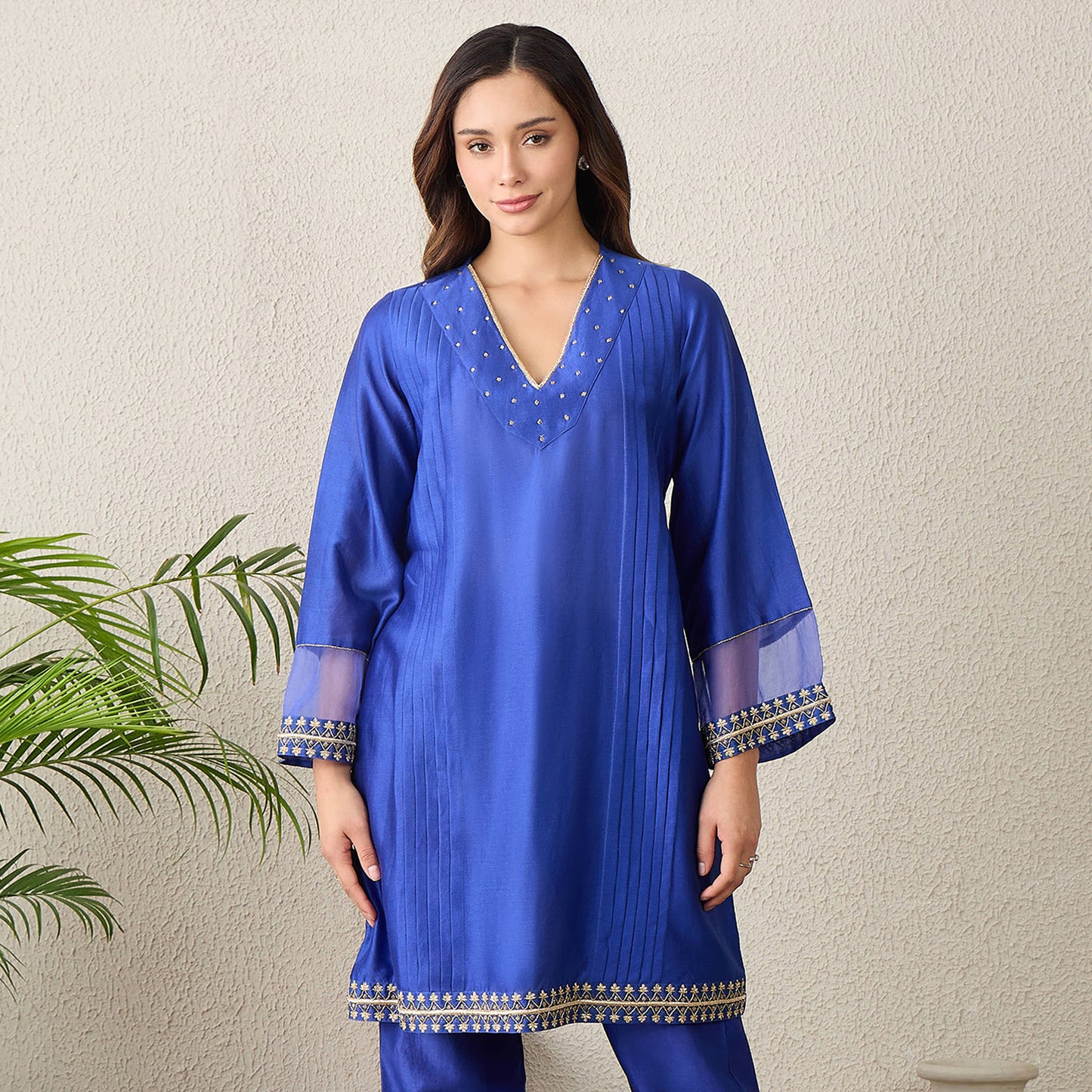 Navy Blue Hand Embroidered Pleated Kurta