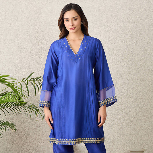 Navy Blue Hand Embroidered Pleated Kurta