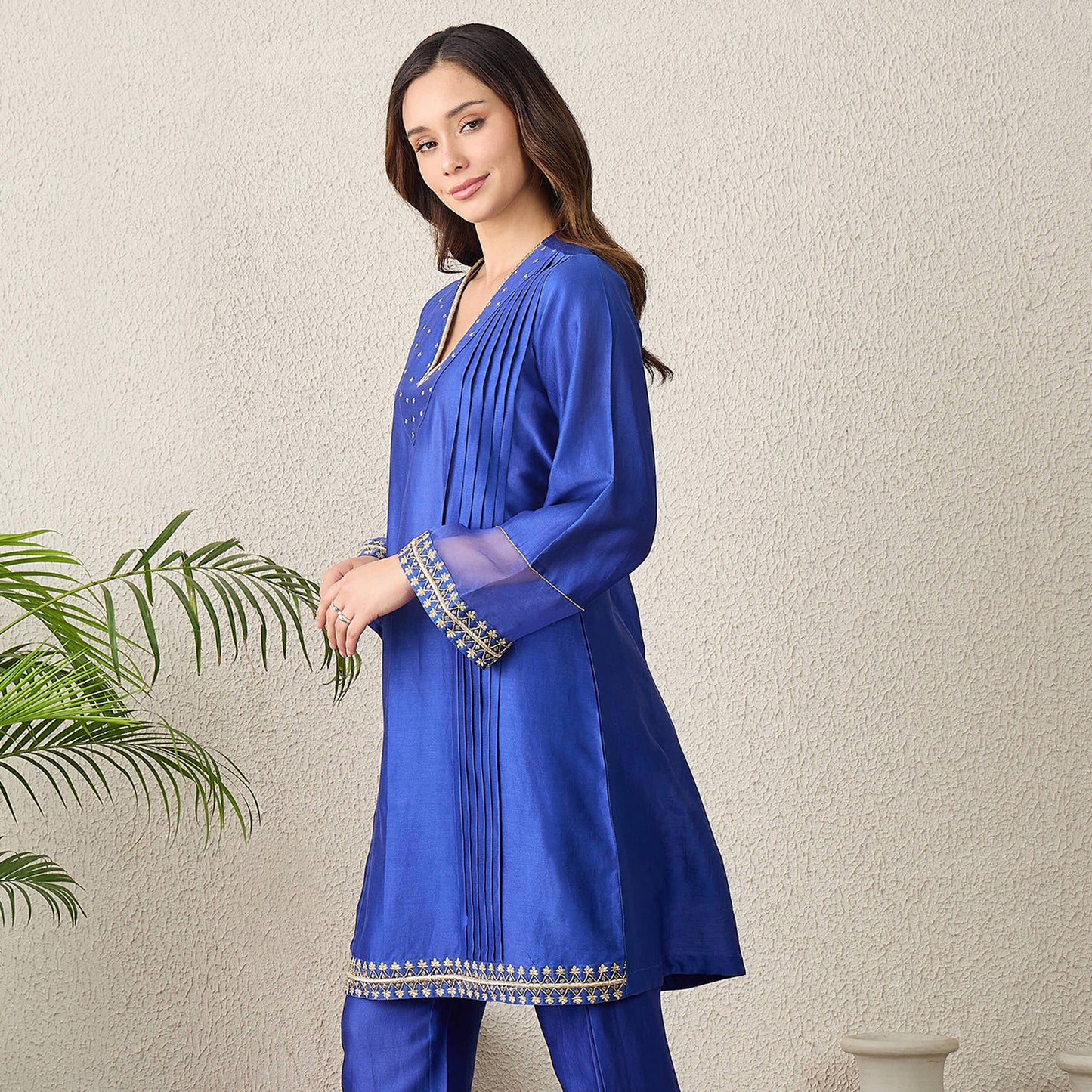 Navy Blue Hand Embroidered Pleated Kurta