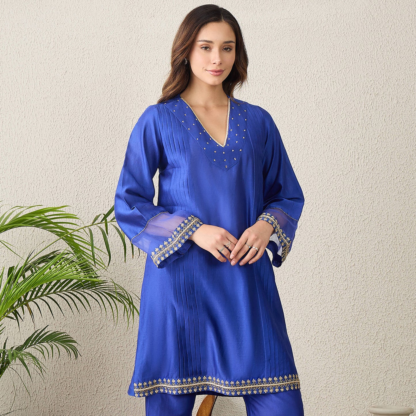 Navy Blue Hand Embroidered Pleated Kurta