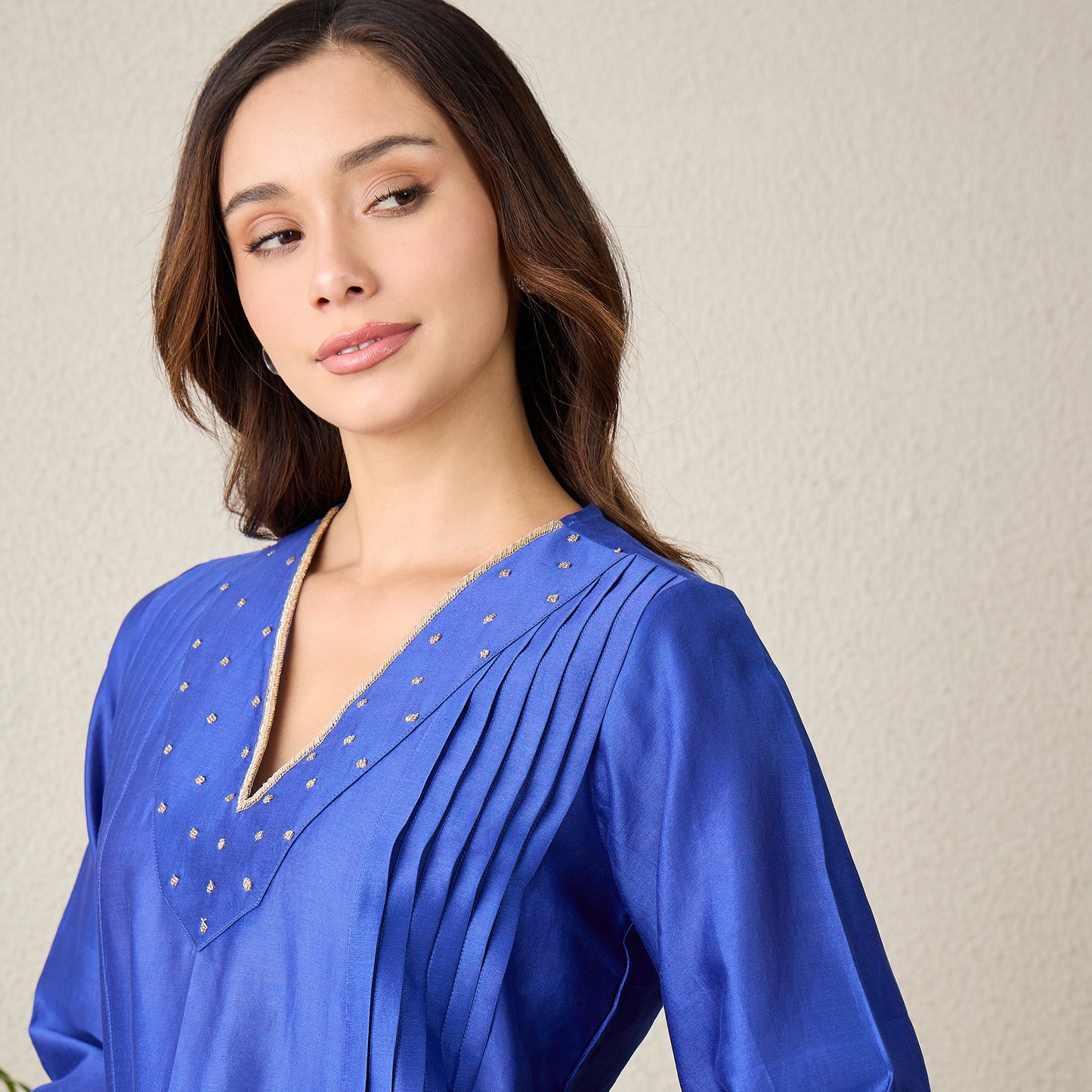 Navy Blue Hand Embroidered Pleated Kurta