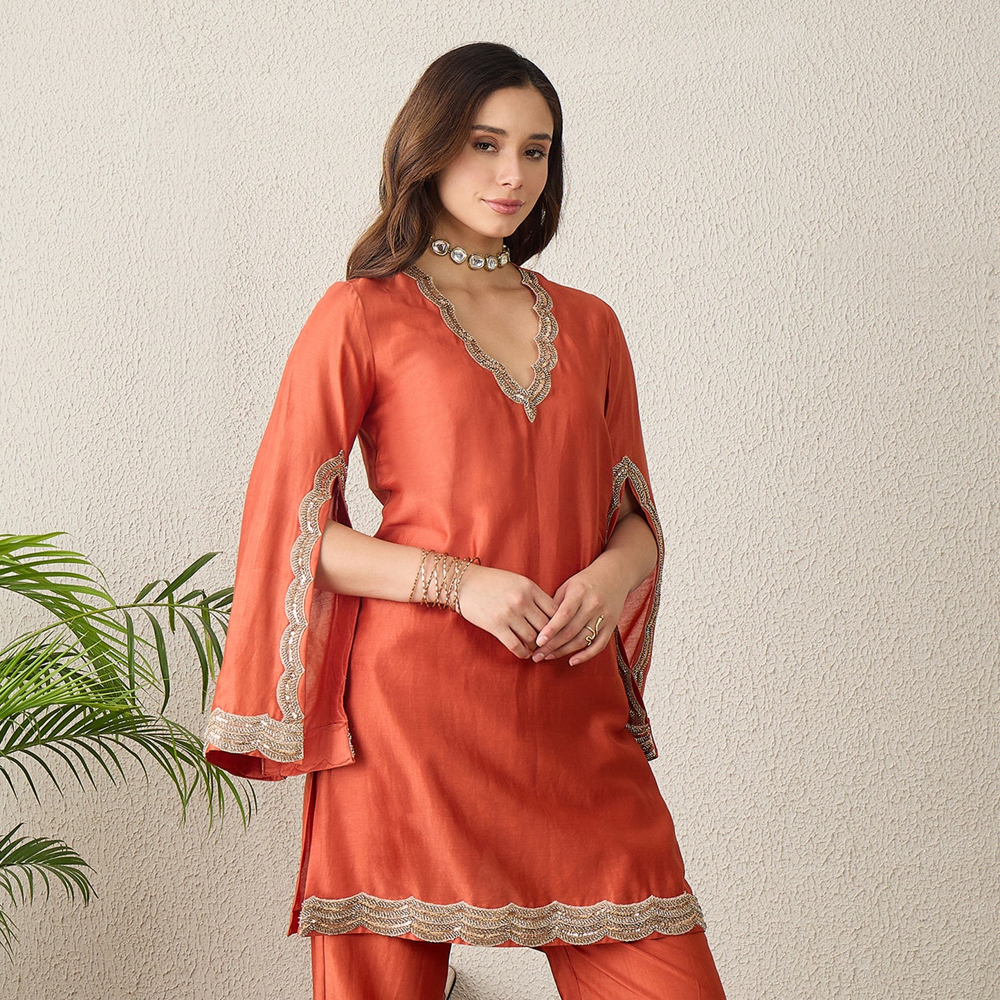 Orange Scallop Cut Kurta