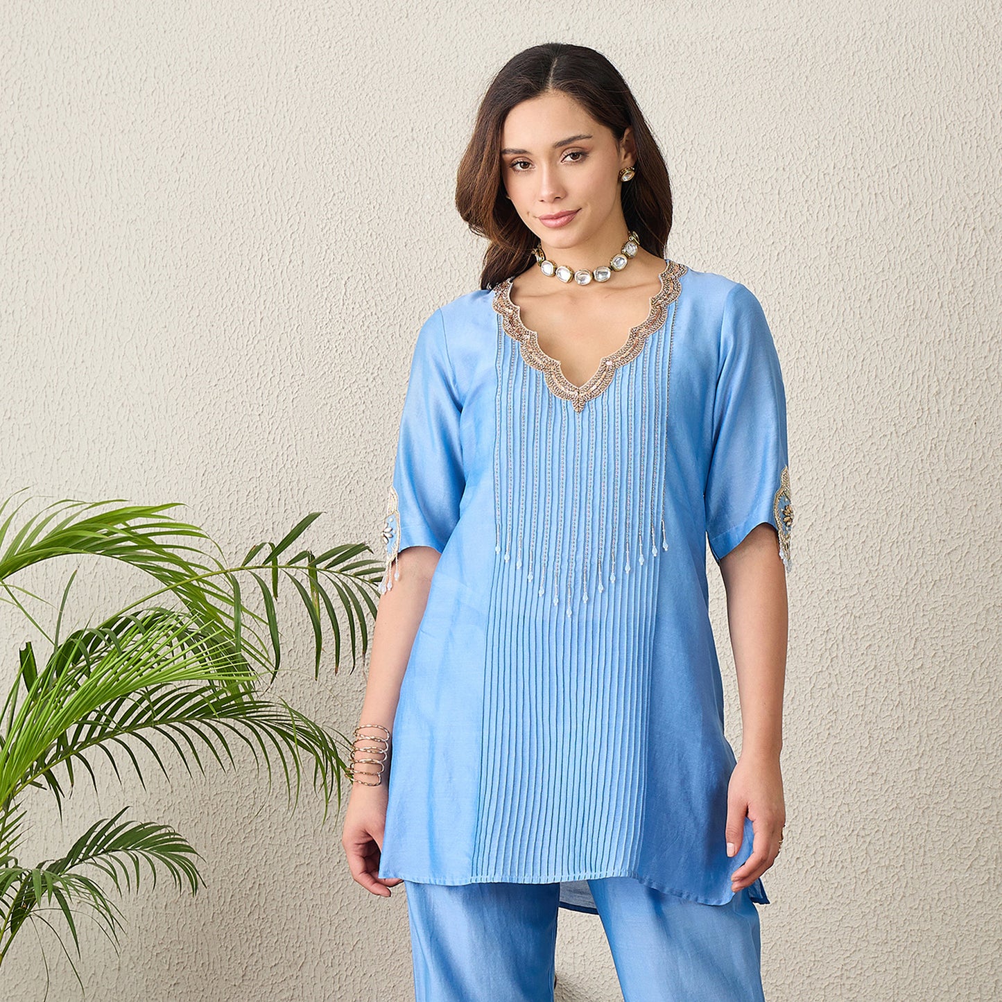 Sky Blue Scallop Neck Pintuck Kurta