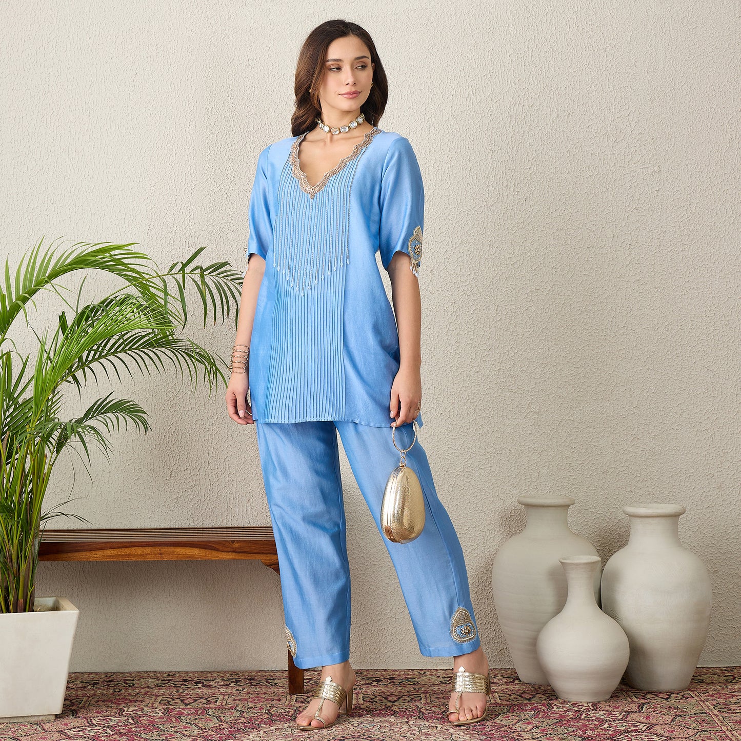 Sky Blue Scallop Neck Pintuck Kurta