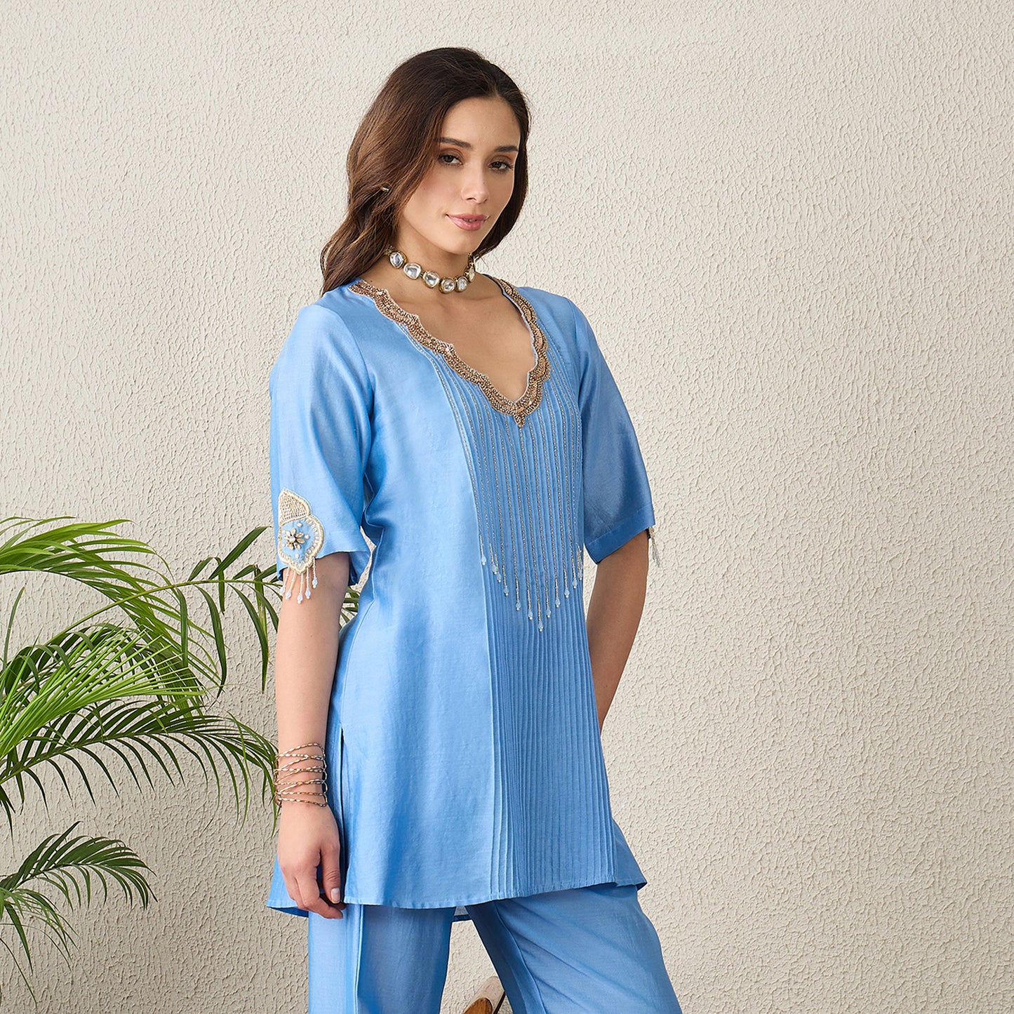 Sky Blue Scallop Neck Pintuck Kurta