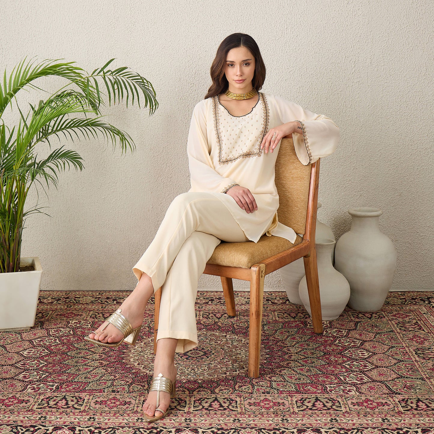 Ivory Yoke Embroidered Kurta