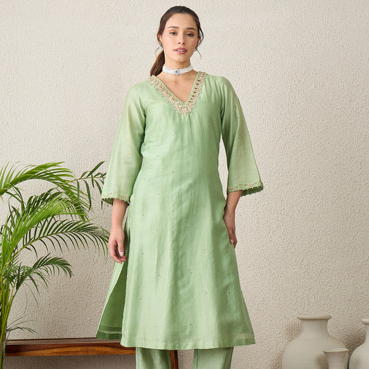 Pistacchio Green Yoke Embroidered Kurta with Mirror Work