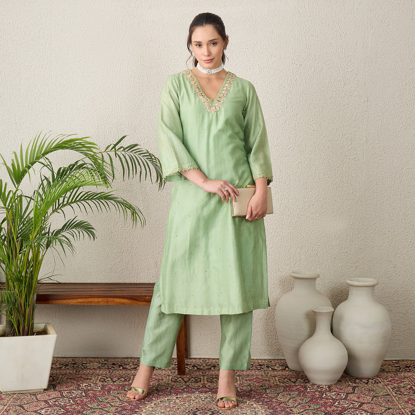 Pistacchio Green Yoke Embroidered Kurta with Mirror Work