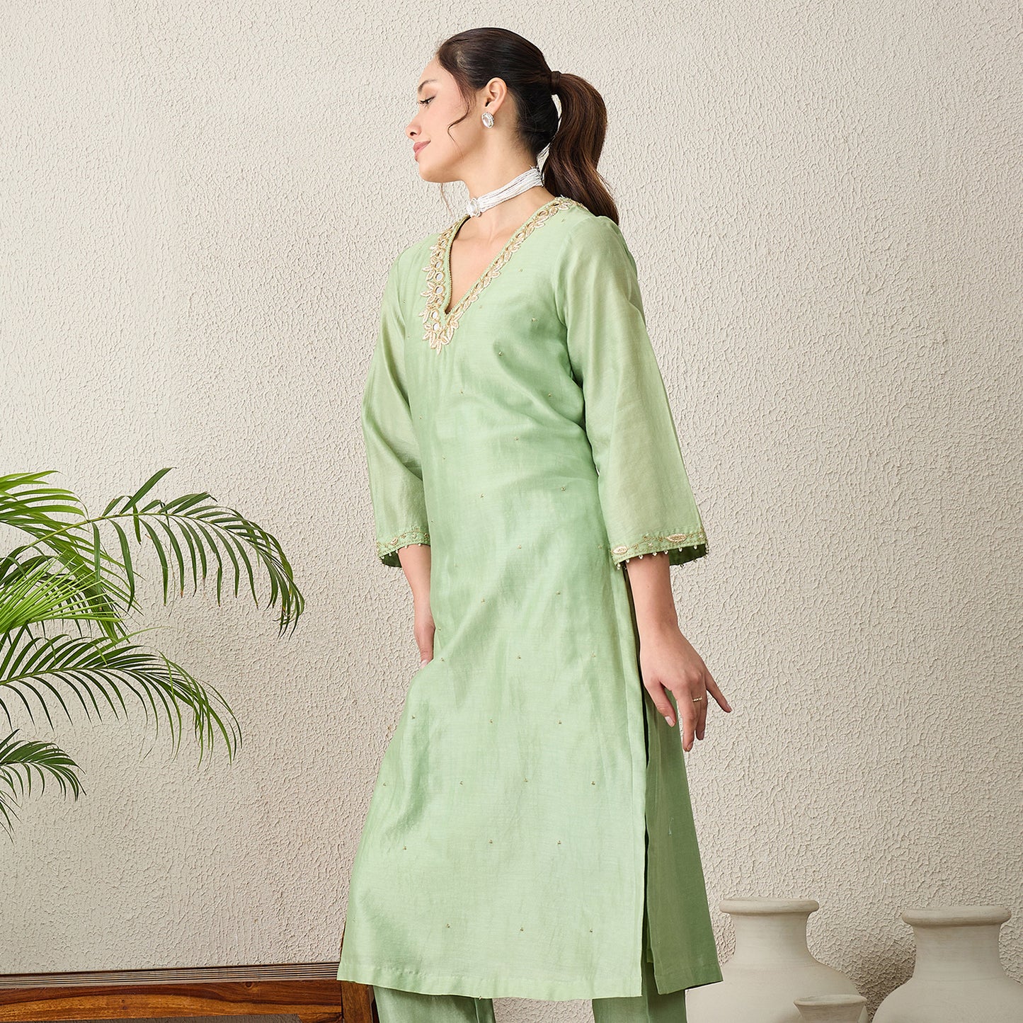 Pistacchio Green Yoke Embroidered Kurta with Mirror Work