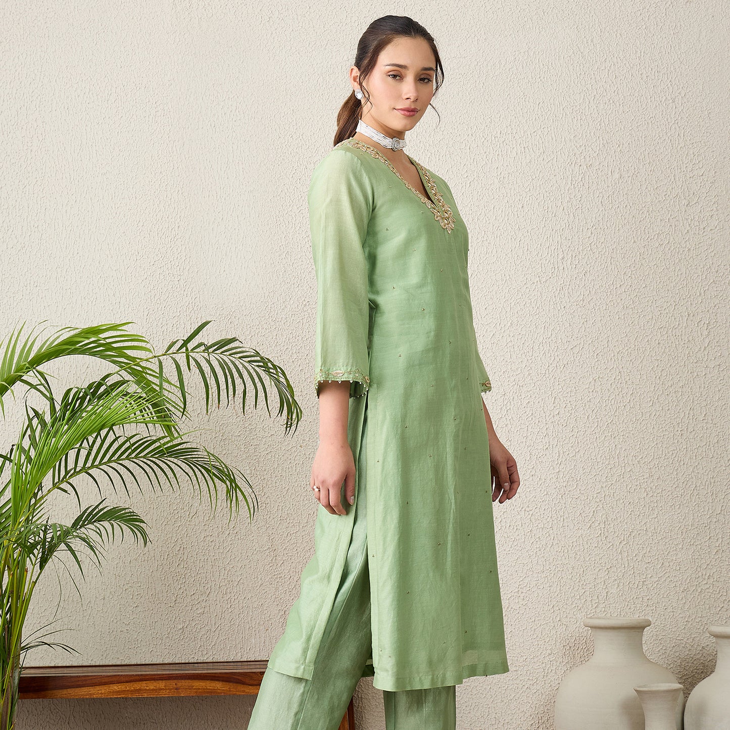 Pistacchio Green Yoke Embroidered Kurta with Mirror Work