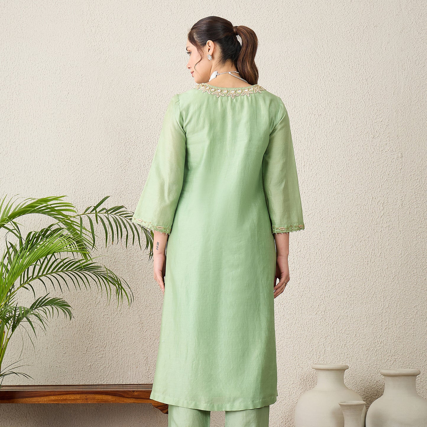 Pistacchio Green Yoke Embroidered Kurta with Mirror Work