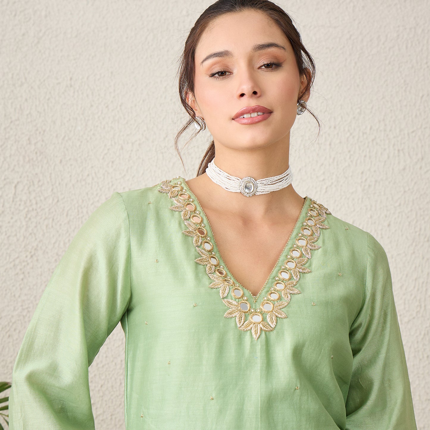 Pistacchio Green Yoke Embroidered Kurta with Mirror Work