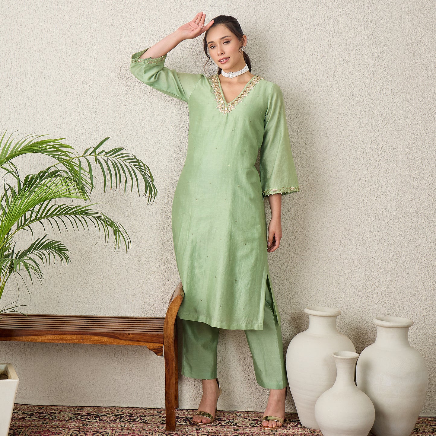 Pistacchio Green Yoke Embroidered Kurta with Mirror Work