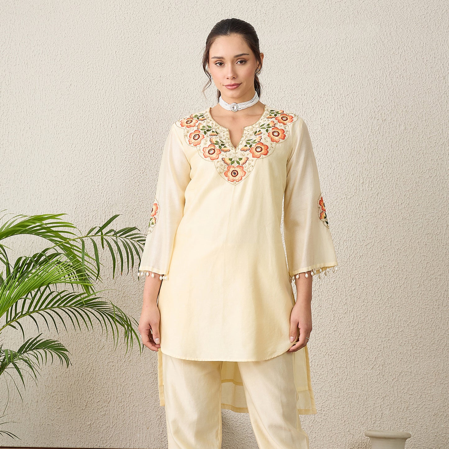 Cream Floral Embroidered High-Low Kurta