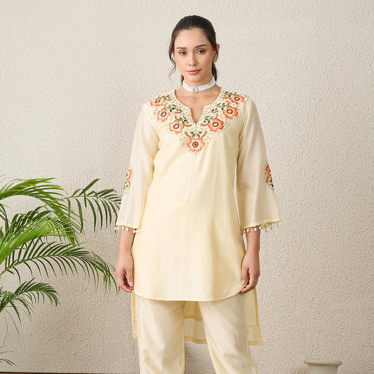 Cream Floral Embroidered High-Low Kurta