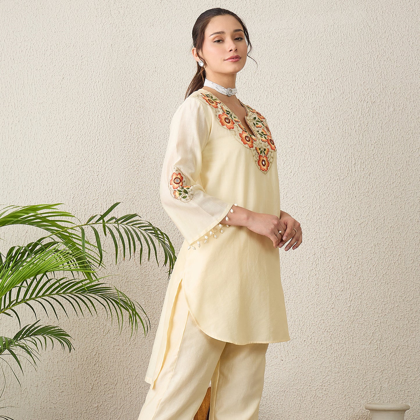 Cream Floral Embroidered High-Low Kurta