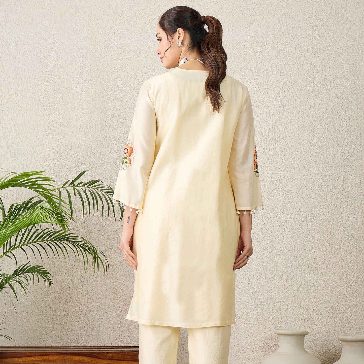 Cream Floral Embroidered High-Low Kurta