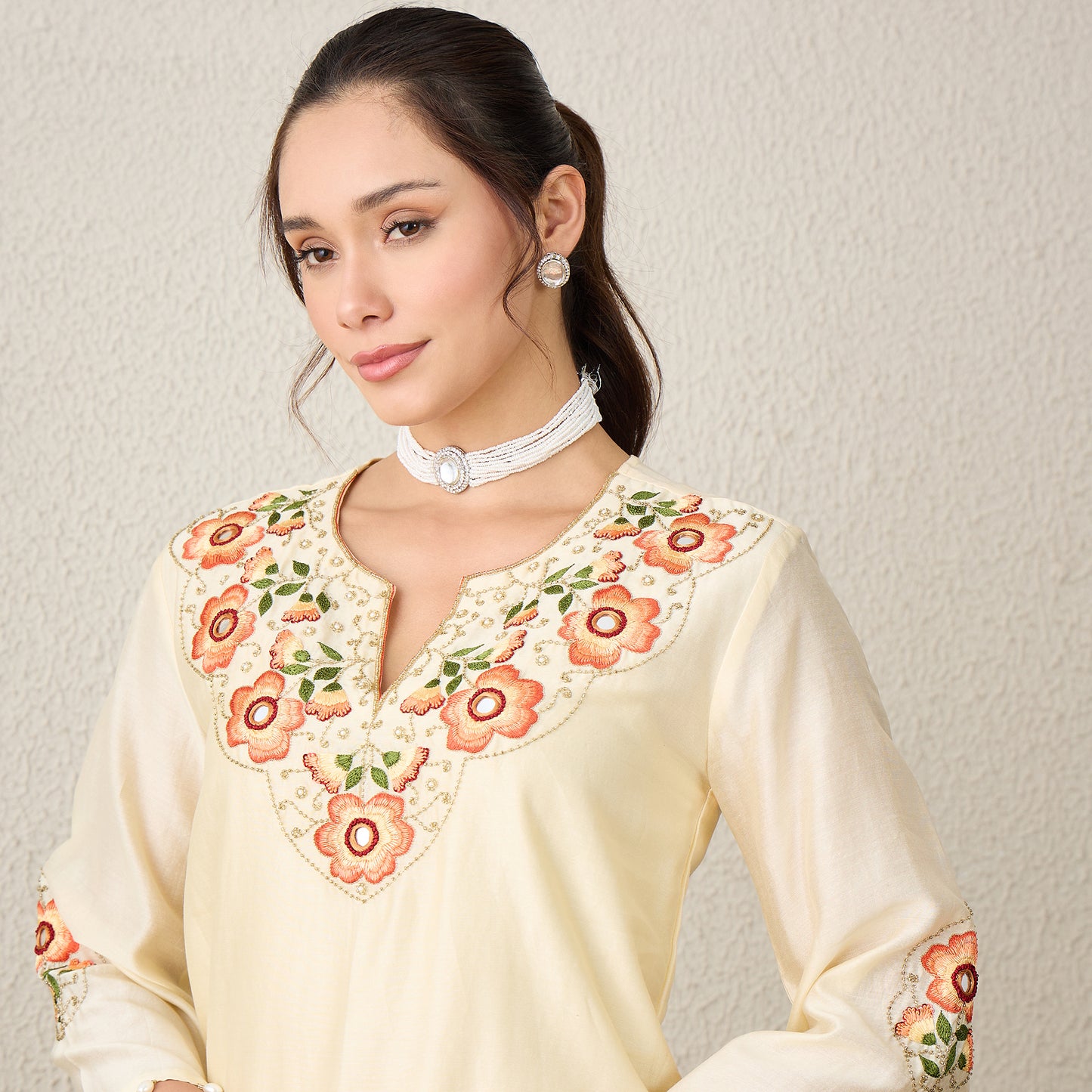 Cream Floral Embroidered High-Low Kurta