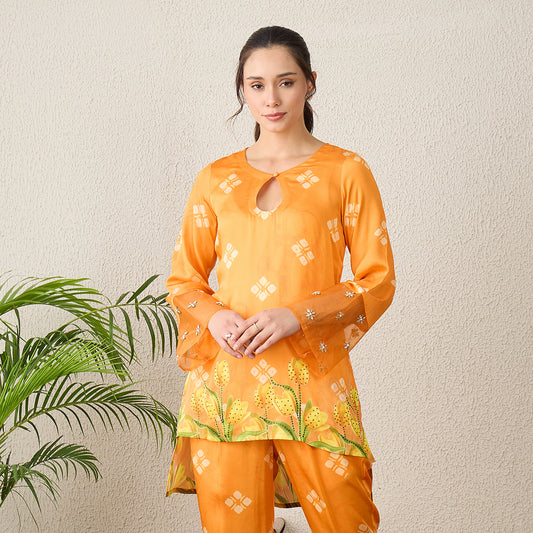 Orange Boota Print High-Low Kurta