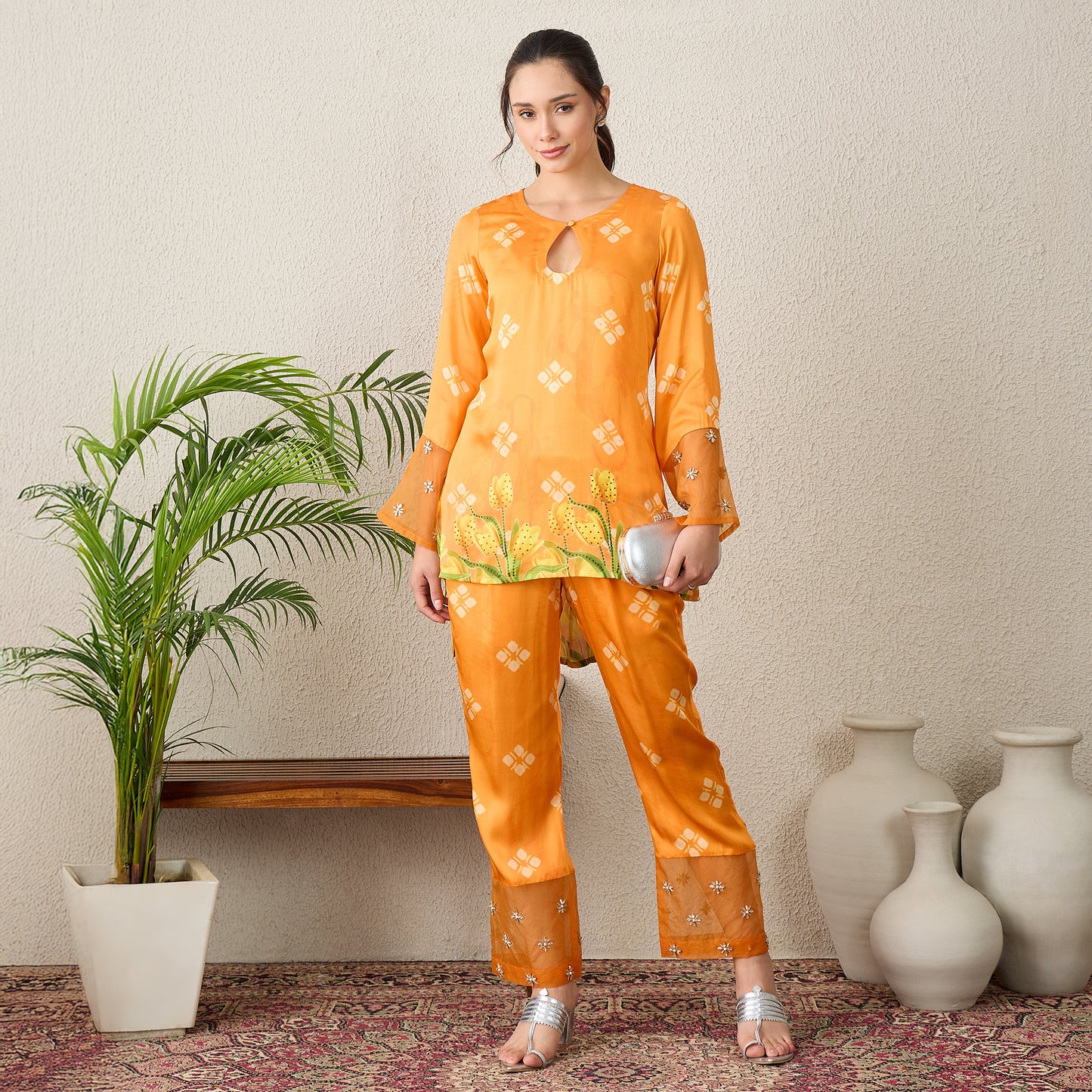 Orange Boota Print High-Low Kurta