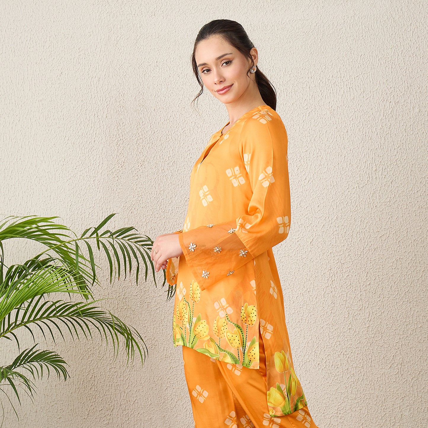 Orange Boota Print High-Low Kurta