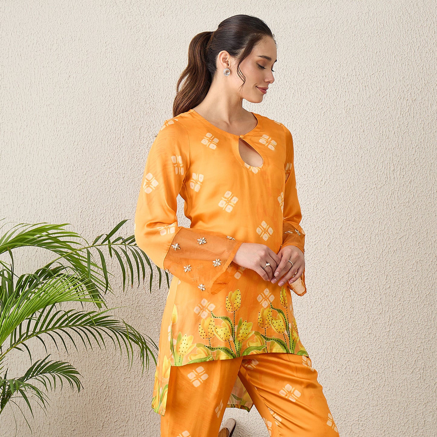 Orange Boota Print High-Low Kurta