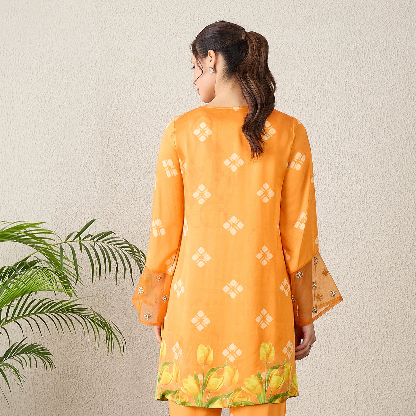 Orange Boota Print High-Low Kurta