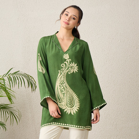 Green Paisley Crystal Embellished Short Kurta