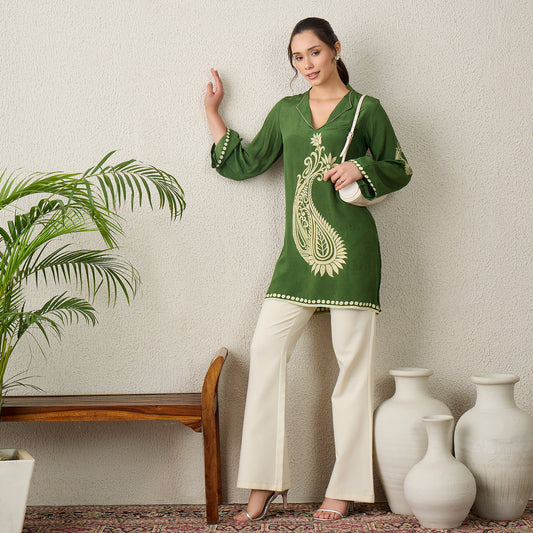 Green Paisley Crystal Embellished Short Kurta