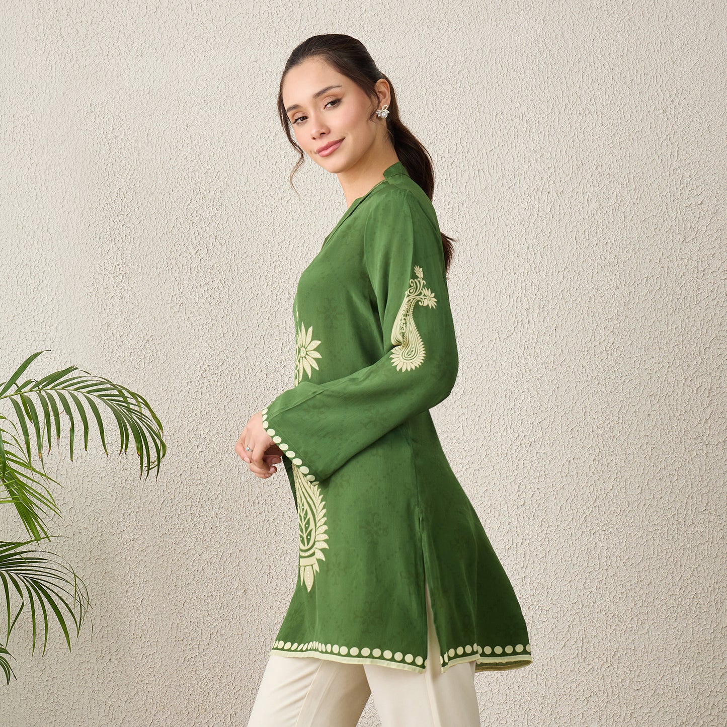 Green Paisley Crystal Embellished Short Kurta