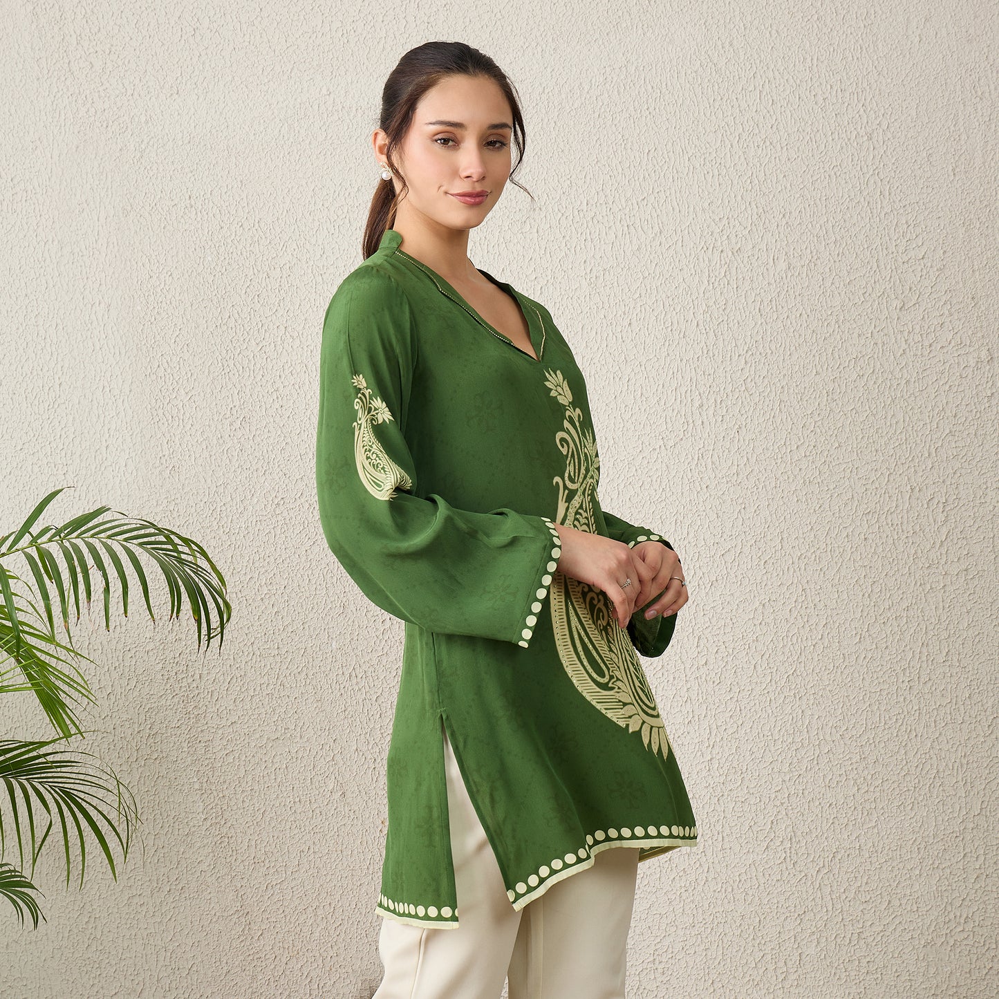 Green Paisley Crystal Embellished Short Kurta