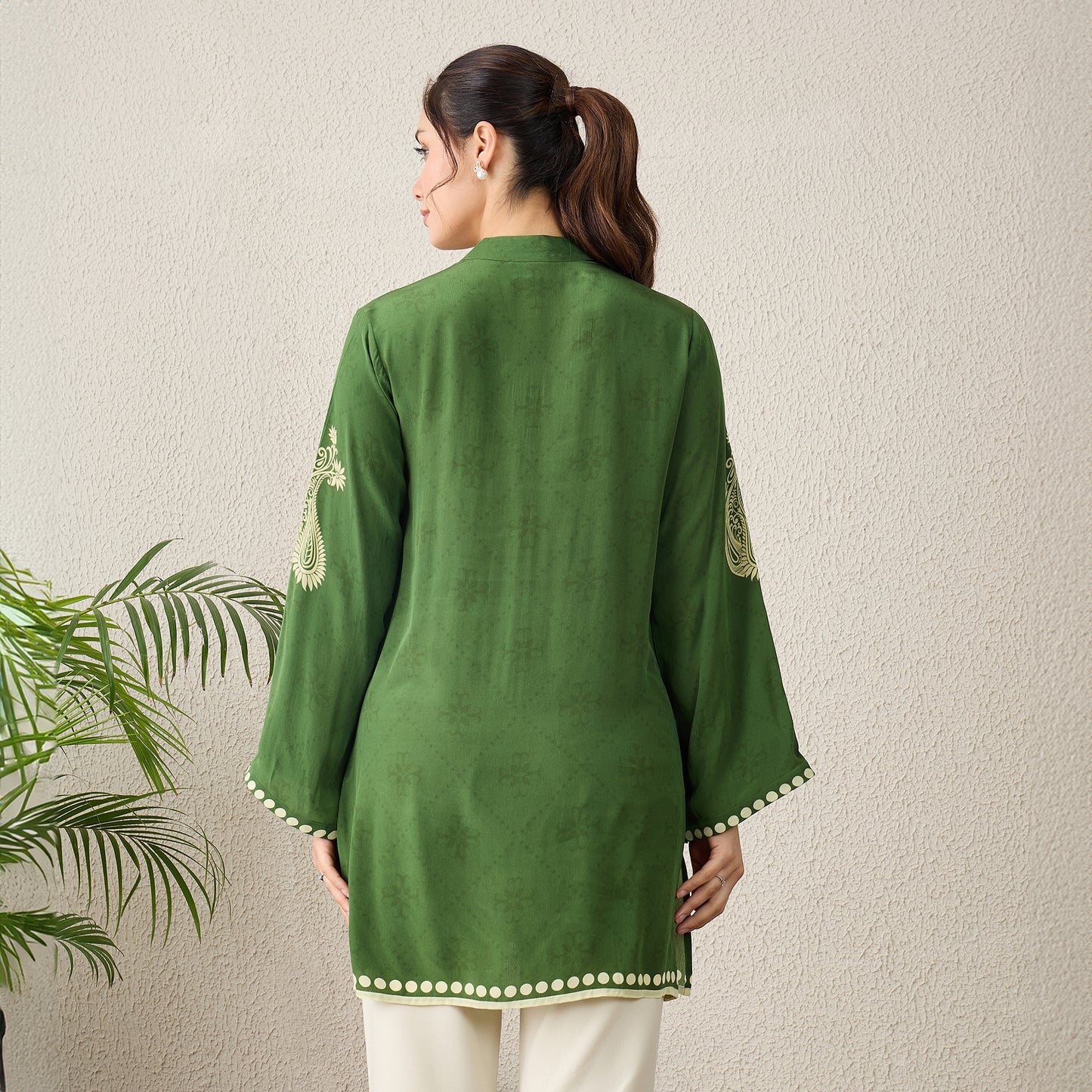 Green Paisley Crystal Embellished Short Kurta