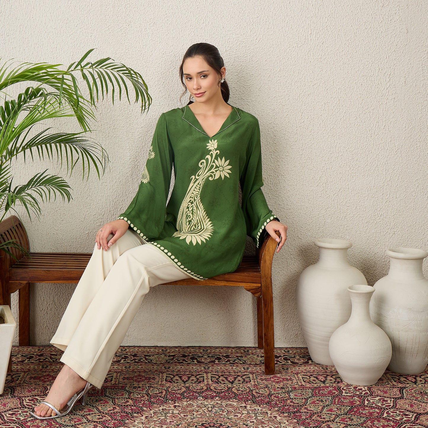 Green Paisley Crystal Embellished Short Kurta