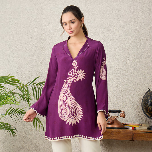 Magenta Paisley Crystal Embellished Short Kurta