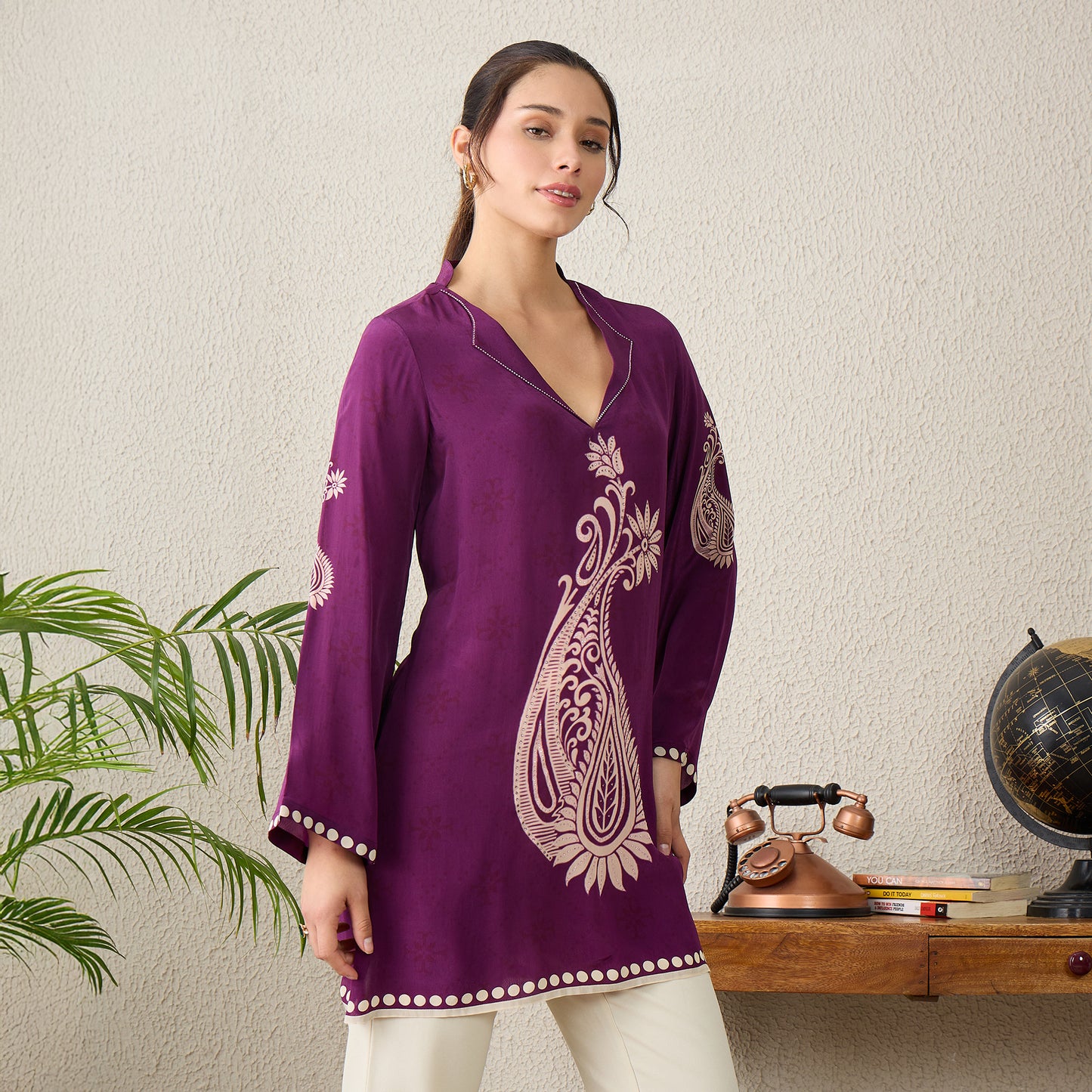Magenta Paisley Crystal Embellished Short Kurta