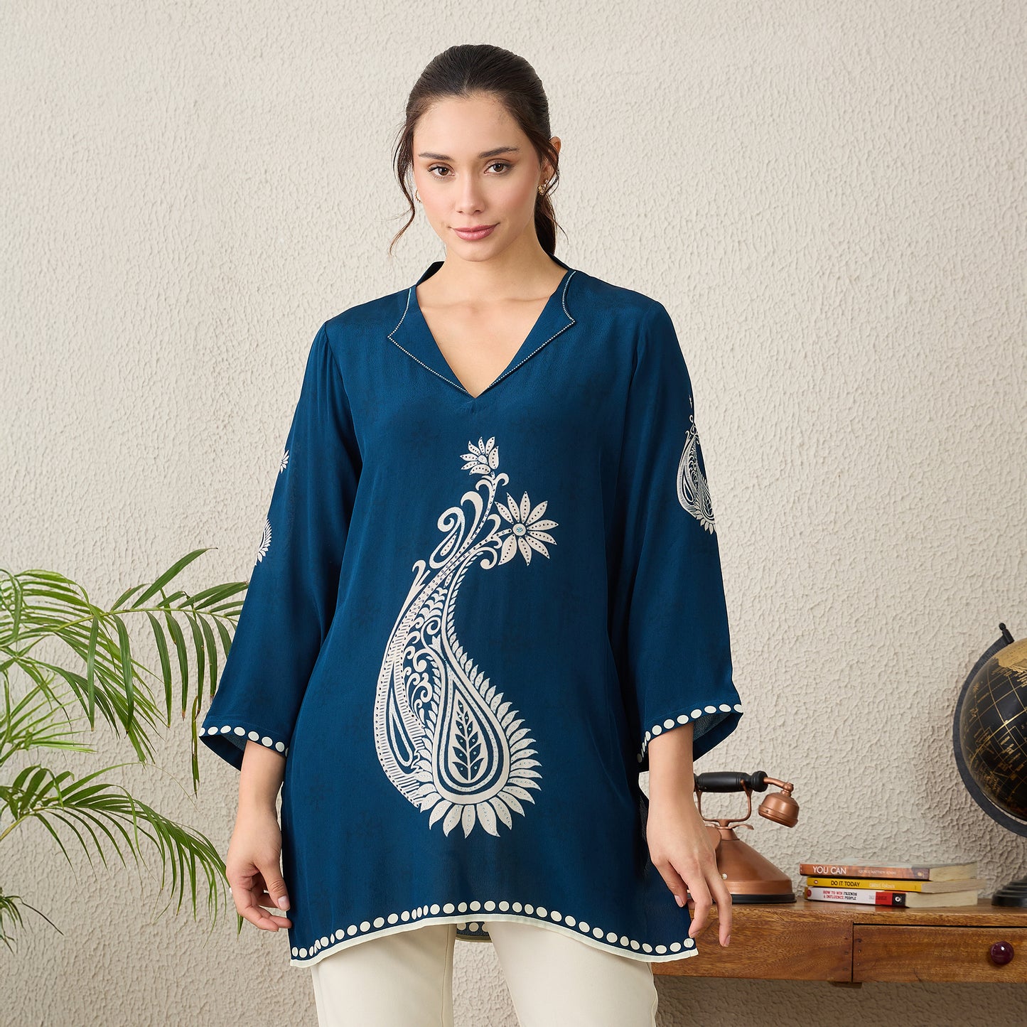 Navy Blue Paisley Crystal Embellished Short Kurta