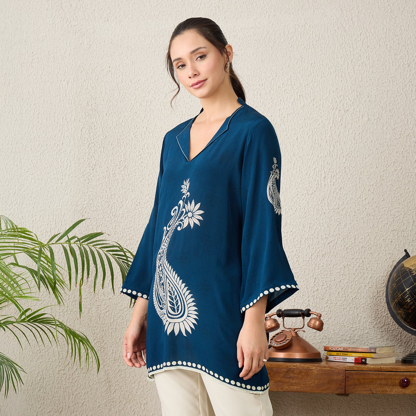 Navy Blue Paisley Crystal Embellished Short Kurta